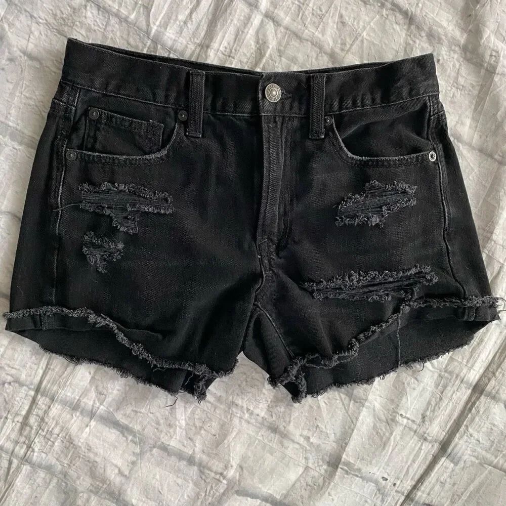 American Eagle women 2 cotton blend ripped distressed black shorts